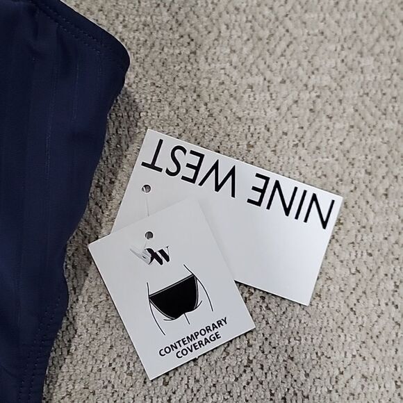 Nine West Solid Navy Blue Ribbed Tie Back One Piece Swimsuit- Size Medium - Picture 6 of 15